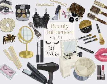 May include: A set of 30 digital illustrations of beauty and makeup items, including a makeup palette, brushes, a hair dryer, a curling iron, a mirror, a vanity table, and a pair of eyelashes. The text "Beauty Influencer Clip Art 30 PNGs" is visible in the image.