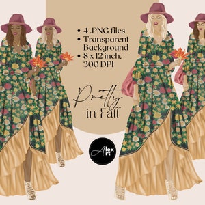 Autumn Clip Art, Fall Clipart, Fall Fashion Girl Illustration, Fall Leaves Clipart, Cozy Autumn Stickers, Fall Planner Stickers, Autumn Girl