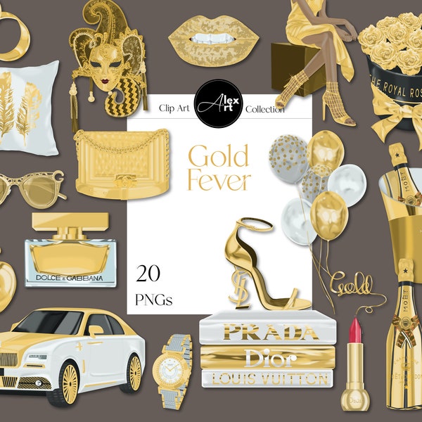 Gold Clipart, Luxus Lifestyle Clipart, Gold Accessoires Clipart, Luxus Mode Aufkleber, Luxus Stil Clipart, Planner Aufkleber Instagram