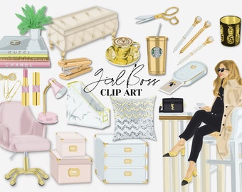 Girl Boss Clipart, Boss Babe Clipart,  Business Lady Clipart, Office Clipart, Stationery Clipart Gold PNG Planner Supplies, Planner Stickers