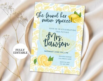 Editable Bridal Shower Invitation, Lemon Theme Bridal Shower Invite, Main Squeeze Bridal Shower Invitation, Editable Bridal Shower Invite