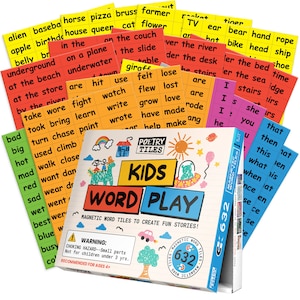 Poetry Tiles - 632 Piece Kids Word Play Kit - Explore Reading, Writing, and Imaginations with Magnet Words - Color-coded Words and Phrases