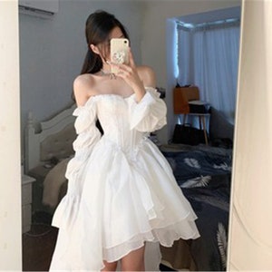 White Tea Break Dress, Romantic Dress, off Shoulder Dress, Ruffle ...