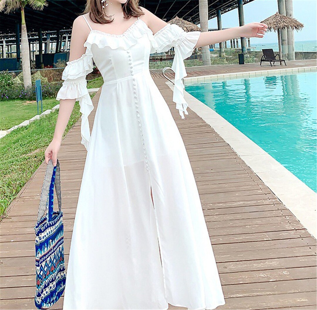 White Chiffon Dress Elegant Rufflesdress Fairycoredress Etsy