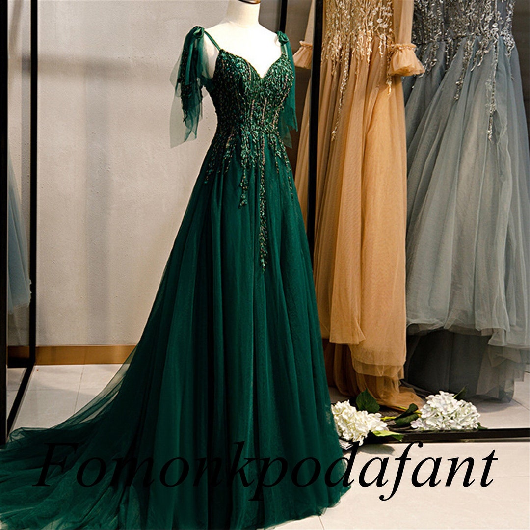 Vintage Green Tulle Sequins Beaded A Line Prom Dress,Formal Ball Gown Evening Dress cc2778 main image 0
