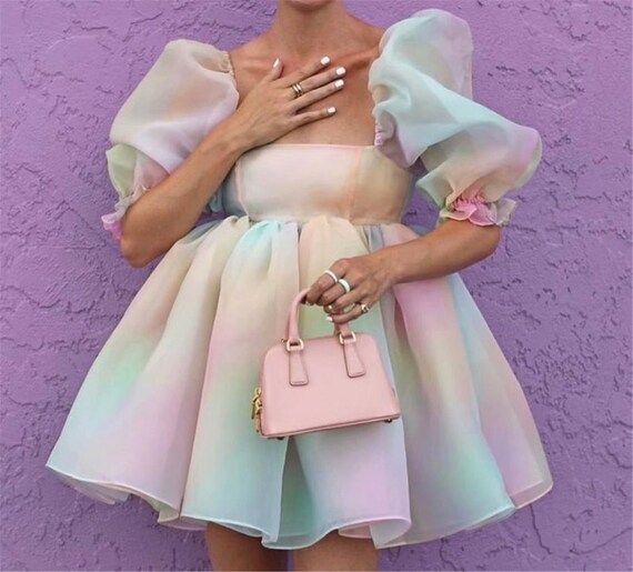 Rainbow Puff Dress Princess Dress off Shoulder Mini Dress
