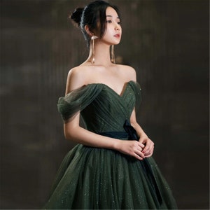 Glitter Green Tulle Fairy Dress, Elegant Tulle Ball Dress, off Shoulder ...