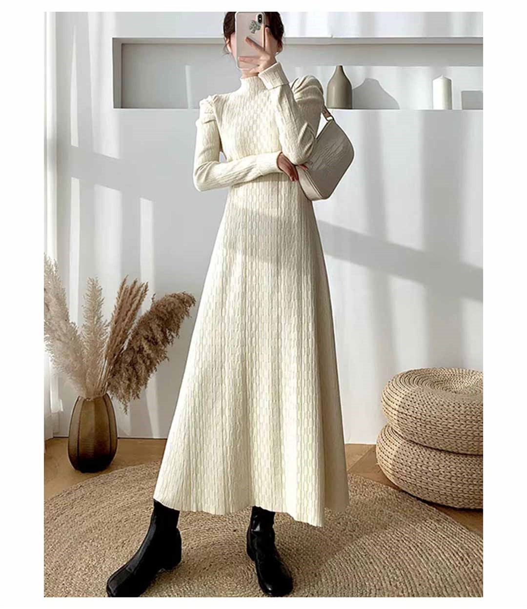 Winter Long Sleeve Warm Sweater Dress Ruffle Elegant Pleated Knitted Midi Dress With Belt Dress
