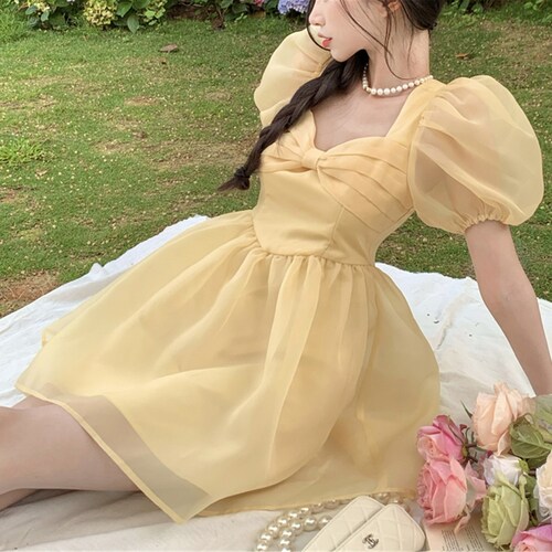 Light Yellow Puff Dress Babydoll Dress 