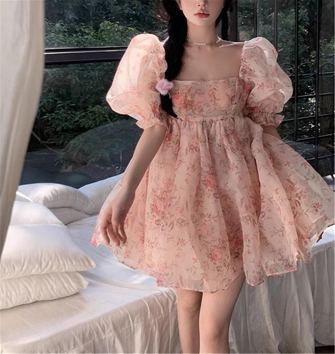 Sweet Floralsquare Neck Dress Babydoll Dress Puff Sleeve Etsy