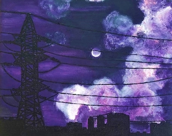 Nightime dunkel bewölkten Himmel Malerei, lila Himmel Kunstdruck, dunkle Wolken Wand Kunst Home Decor