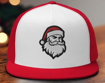 Santa Claus Trucker Cap, Holiday Embroidered Snapback Flat Brim