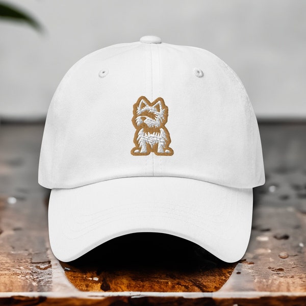 Yorkie Elegance: Gold & White Embroidered Yorkshire Terrier Dad Hat