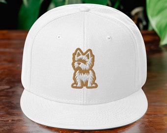Yorkie Snapback Baseball Cap, Gold and White Yorkshire Terrier Embroidered Wool-Blend Hat, Unique Gift for Dog or Puppy Lovers, Moms, & Dads