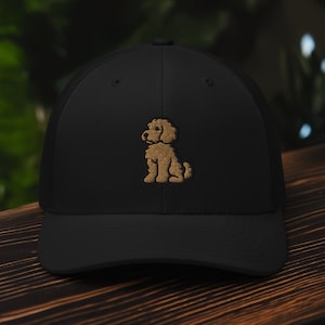 Goldendoodle Trucker Cap, Gold and Black Embroidered Doodle Adjustable Baseball Hat, Unique Gift for Dog or Puppy Lovers, Moms, and Dads