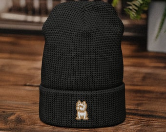 Yorkie Embroidered Waffle Beanie: Dog Lover Gift