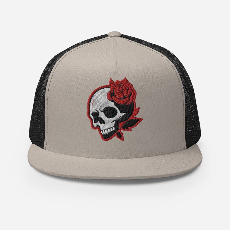 Skull Rose Trucker Hat, Stylish Embroidered Baseball Cap, Soulful Snapback Gift for Skaters