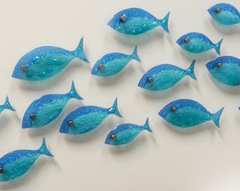 16 fish set .Fused glass school of fish. Ocean art. Blue fish wall art. Bathroom wall art. Ocean Nautical Beach decor. Coastal art Sea art