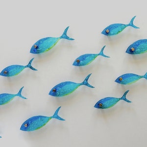 16 fish set .Fused glass school of fish. Ocean art. Blue fish wall art. Bathroom wall art. Ocean Nautical Beach decor. Coastal art Sea art