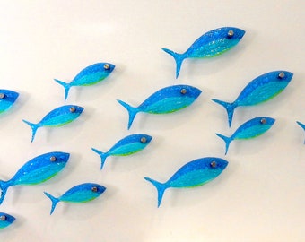 Fused Glass Fish Wall Art: Blue Ocean Decor, 16 Piece Set