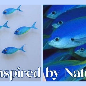 Pu&ograve; includere: Un collage di due immagini. L'immagine a sinistra mostra uno scuola di pesci blu che nuotano in fila. L'immagine a destra mostra uno scuola di pesci blu che nuotano in un ambiente naturale. Il testo "Ispirato dalla natura" &egrave; scritto sotto le immagini.