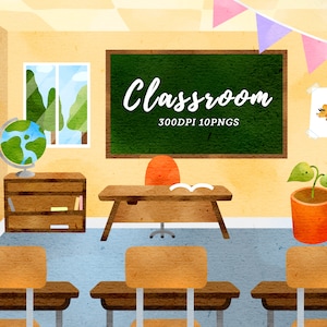 May include: A watercolor illustration of a classroom with a green chalkboard that says "Classroom 300DPI 10PNGS", a globe, a teacher's desk, and four student desks with chairs.