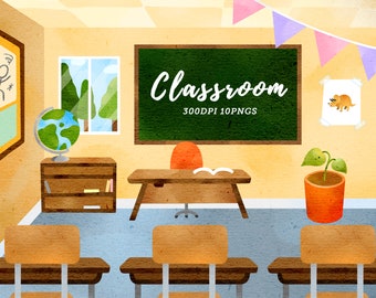 Watercolor Classroom Clipart / Classroom illustration / Classroom Scene / School clipart / Children's Education / Instant Download