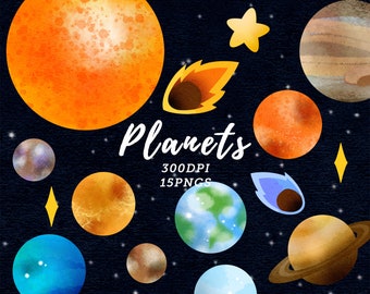 Watercolor Planets Clipart / space clipart / Solar System Download / Watercolor Planets Graphics / Mars / Earth / Jupiter / Saturn / Stars