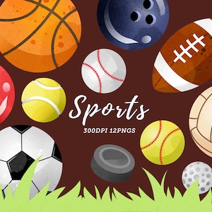 Clipart de esportes em aquarela / Download de bolas esportivas em aquarela / Download instantâneo / Bolas de beisebol fofas / Bolas de futebol / Bola de futebol / Boliche / Golfe