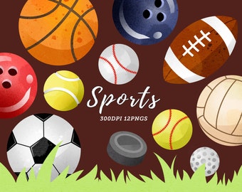 Aquarel Sport Clipart / Aquarel Sport Ballen Download / Instant Download / Leuke Honkballen / Voetballen / Voetbal / Bowling / Golf
