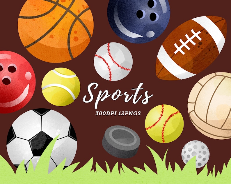 Pu&ograve; includere: Una collezione di 12 illustrazioni di palle da sport in stile acquerello, tra cui una pallacanestro, un pallone da football americano, una palla da baseball, un pallone da calcio, una palla da bowling, una palla da tennis, una pallavolo, una palla da softball, un disco da hockey e una palla da golf. Le illustrazioni sono su uno sfondo marrone con erba verde in basso. Il testo "Sports 300DPI 12PNGS" &egrave; visualizzato in bianco.