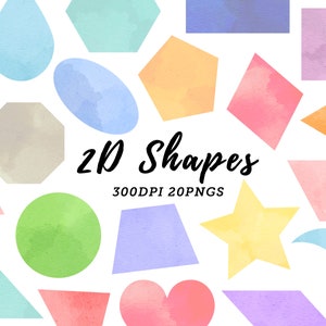 Clipart de formas 2D em aquarela / Download de formas / Download instantâneo / Círculo / Triângulo / Quadrado / Estrela / Gota / Octógono / Coração / Oval