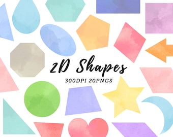 Watercolor 2D Shapes Clipart / Shapes Download / Instant Download / Circle / Triangle / Square / Star / Drop / Octogon / Heart / Oval