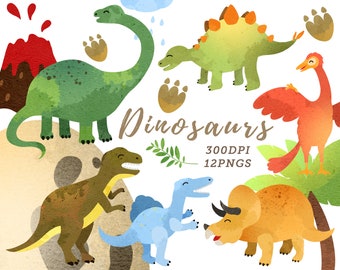 Watercolor Dinosaurs Clipart / Prehistoric Clip Art Download / Diplodocus / Spinosaurus / Stegosaurus / Triceratops / Tyrannosaurus