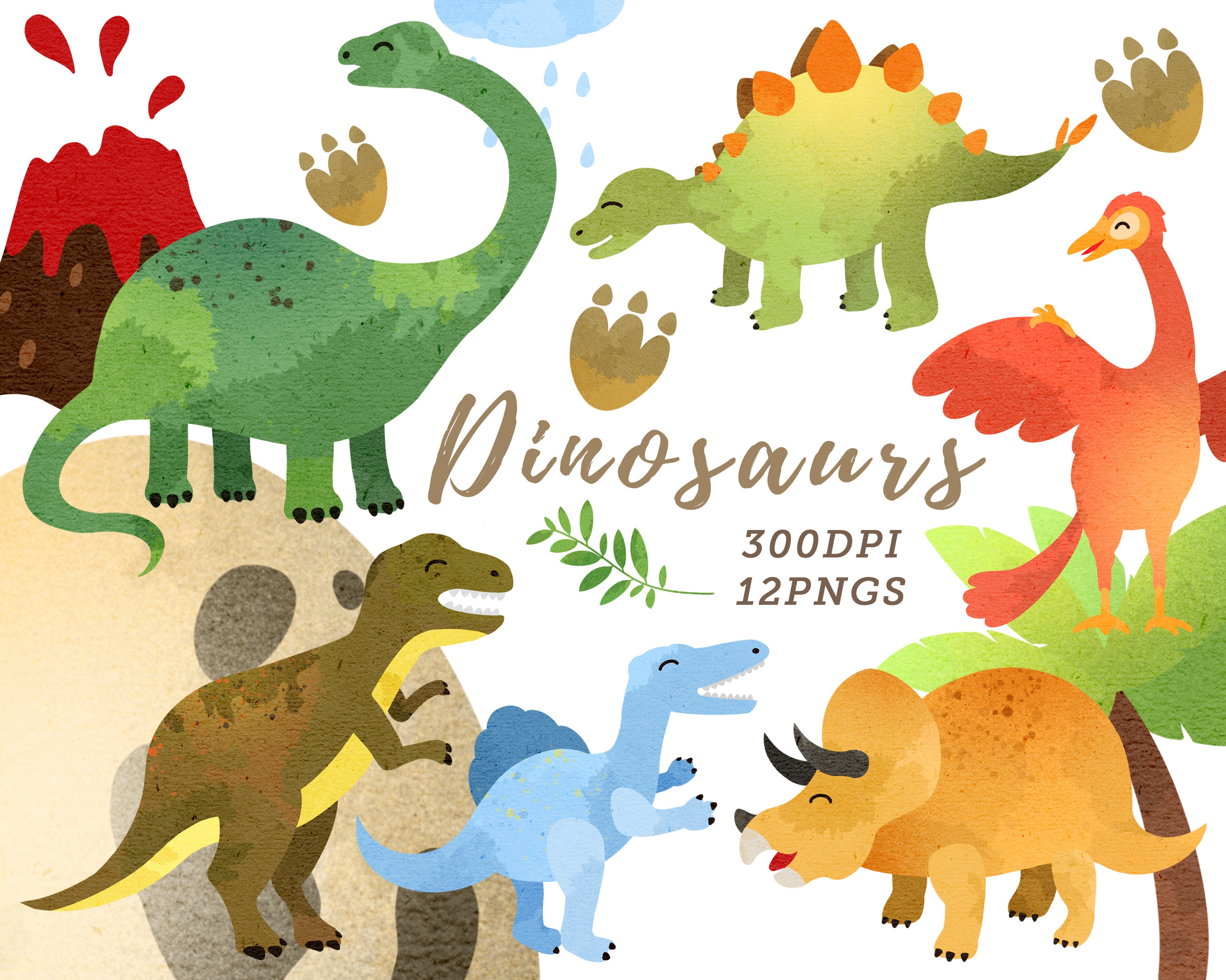 Acquerello Dinosauri Clipart / Clip Art preistorica Scarica / Diplodocus / Spinosaurus / Stegosaurus / Triceratops / Tyrannosaurus