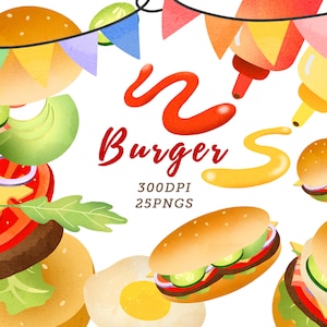 Watercolor Burgers Clipart / Fast Food Download / junk food / Instant Download / Party Invites / Grill Night / Cookout / Barbecue image 1