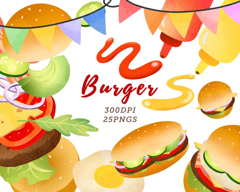 Watercolor Burgers Clipart / Fast Food Download / junk food / Instant Download / Party Invites / Grill Night / Cookout / Barbecue image 1