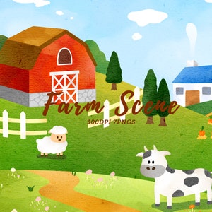 Clipart de cena de fazenda em aquarela / Clipart de fazenda / Colinas gramadas / Terras agrícolas / Ovelhas / Vaca / Download de ambiente / Plano de fundo / Download instantâneo