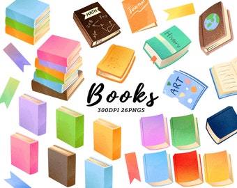 Watercolor Books Clipart / Educational Items Download / Instant Download / Watercolor Books Journals and Bookmarks / Book club