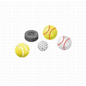 Pu&ograve; includere: Un set di cinque illustrazioni ad acquerello a tema sportivo. Il set include una palla da baseball, una palla da softball, una palla da tennis, una palla da golf e un disco da hockey.