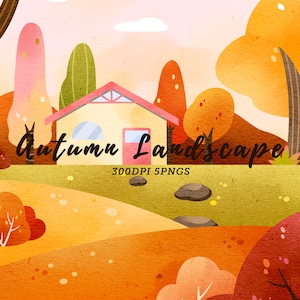 Aquarel Herfst Landschap Clipart / Aquarel Herfst Bos / Bos landschappen / Herfst Scène / Natuur Clip Art / Bosachtergrond