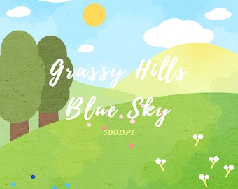 Acquerello Grassy Hills Blue Sky Clipart / Download istantaneo / Download ambiente / Campo erboso / Rolling Hills / Arte ambientale / Cloud