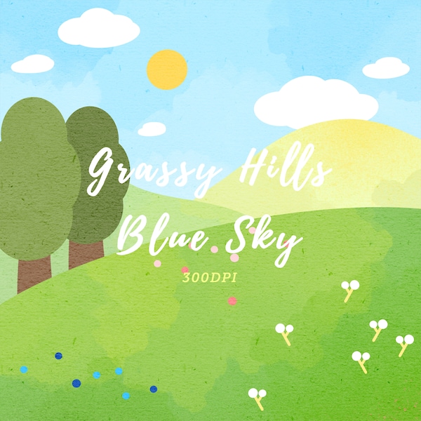 Watercolor Grassy Hills Blue Sky Clipart / Instant Download / Environment Download / Grassy Field / Rolling Hills / Environment Art / Cloud