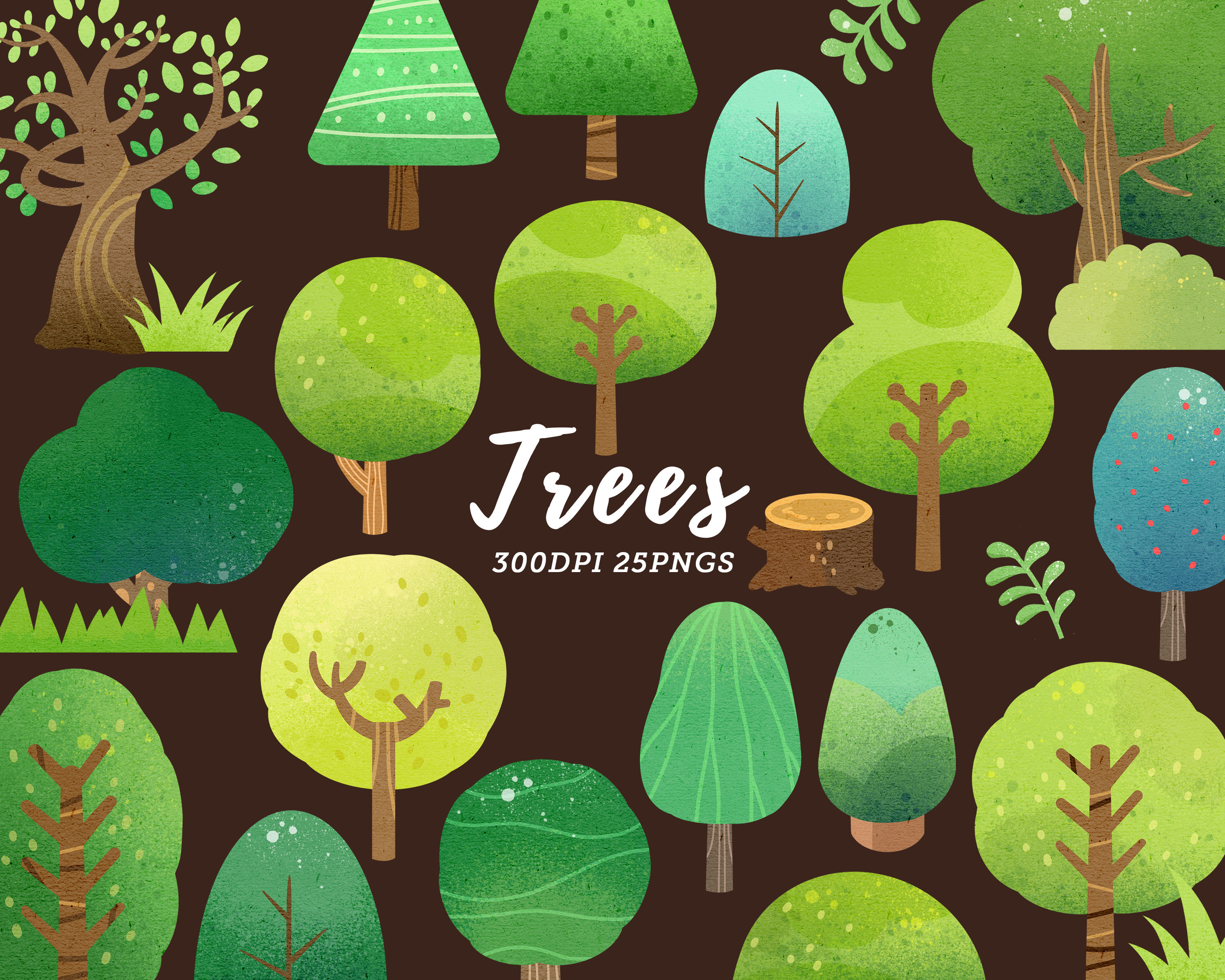 Watercolor Trees Clipart / Tree Download / Instant Download / Tree and Plant / Weeping Willow  / Shrubbery / Bush / Leaf / Commercial Use