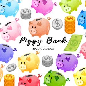 Acquerello Piggy Bank Clipart / Money Clipart / Bank Clipart / Financial clip art / Pig Clipart / Savings Clipart / Coin Clipart