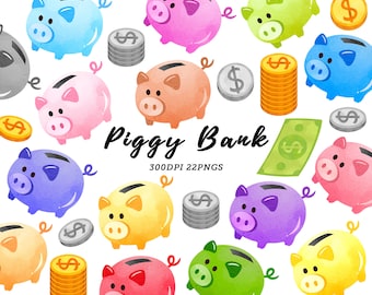 Watercolor Piggy Bank Clipart / Money Clipart / Bank Clipart / Financial clip art / Pig Clipart / Savings Clipart / Coin Clipart