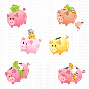 Watercolor Saving Money Clipart / Piggy Bank Clipart / Money Clipart / Save Money Clipart / Bank Clipart / Financial clip art / Coin Clipart image 2