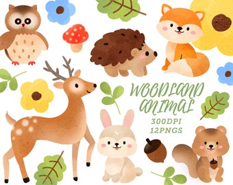 Aquarelle Woodland Animals Clipart / Forest Animals Télécharger / Téléchargement instantané / Cerf / Renard / Hérisson / Hibou / Lapin / Écureuil / Fleur