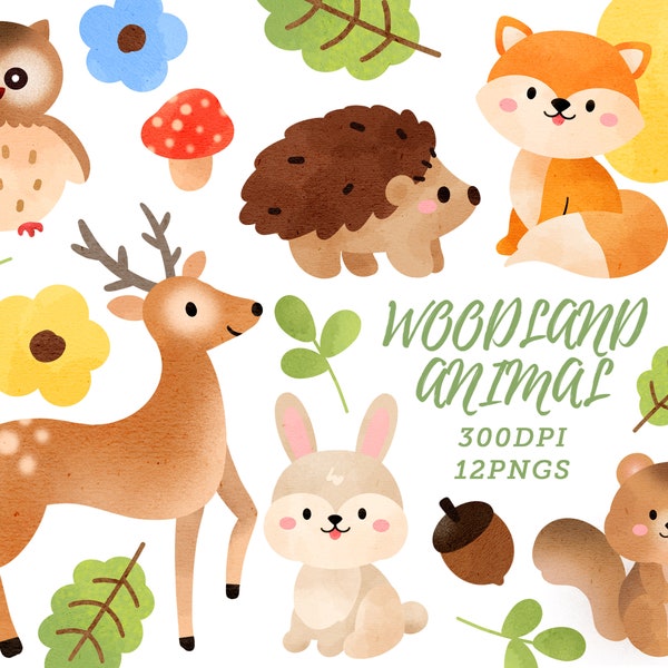 Watercolor Woodland Animals Clipart / Forest Animals Download / Instant Download / Deer / Fox / Hedgehog / Owl / Rabbit / Squirrel / Flower