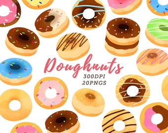 Aquarelle Donut Clipart / Téléchargement de pâtisserie / beignets au chocolat / beignets couleur pastel / Malbouffe / Bonbons / Petit déjeuner / Téléchargement instantané